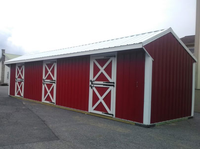 red 10x36 three stall horse barn